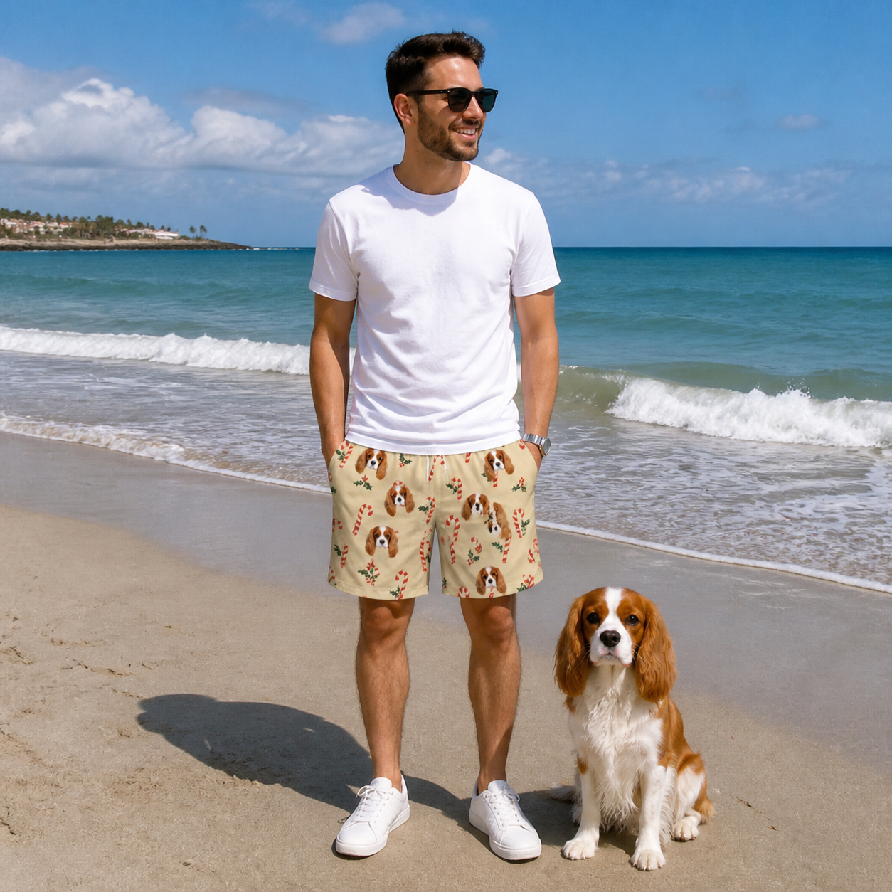 Full-length photo with the pet printed all over this Men's Minty Mistletoe Custom Dog Face Beach Shorts