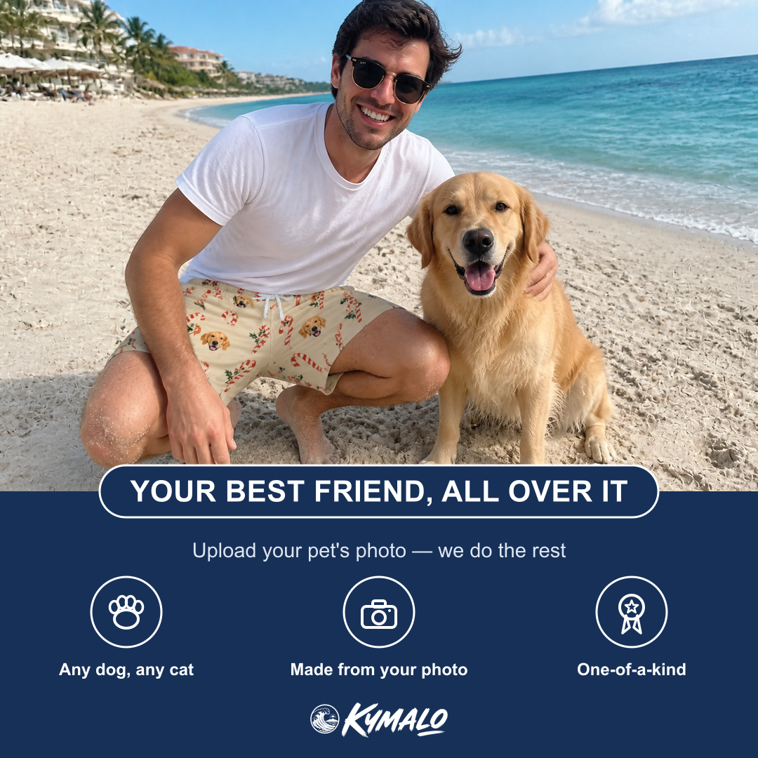 Friends in matching Men's Minty Mistletoe Custom Dog Face Beach Shorts — a group gift photo