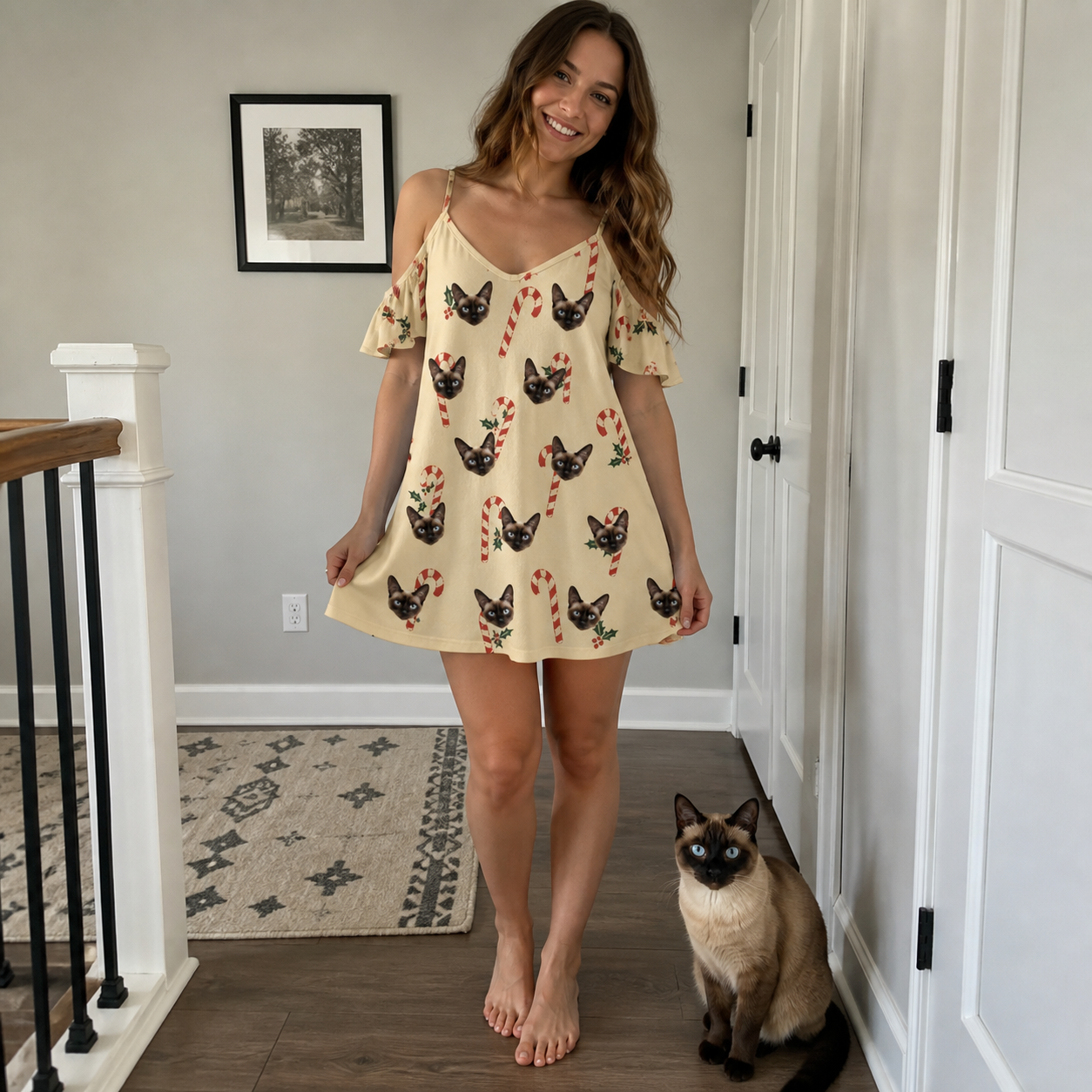Full-length photo with the pet printed all over this Women's Minty Mistletoe Custom Cat Face Off-Shoulder Dress