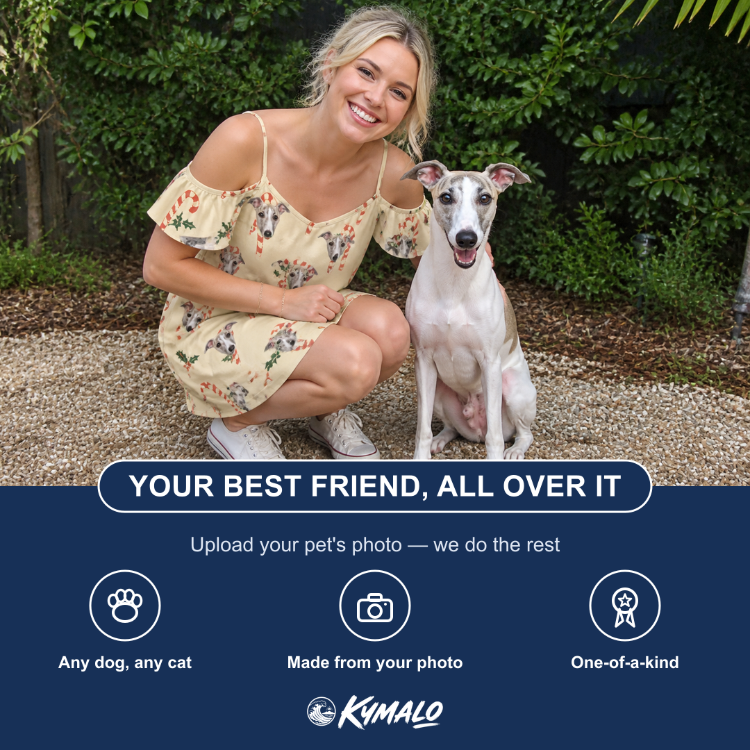 Friends in matching Women's Minty Mistletoe Custom Dog Face Off-Shoulder Dress — a group gift photo