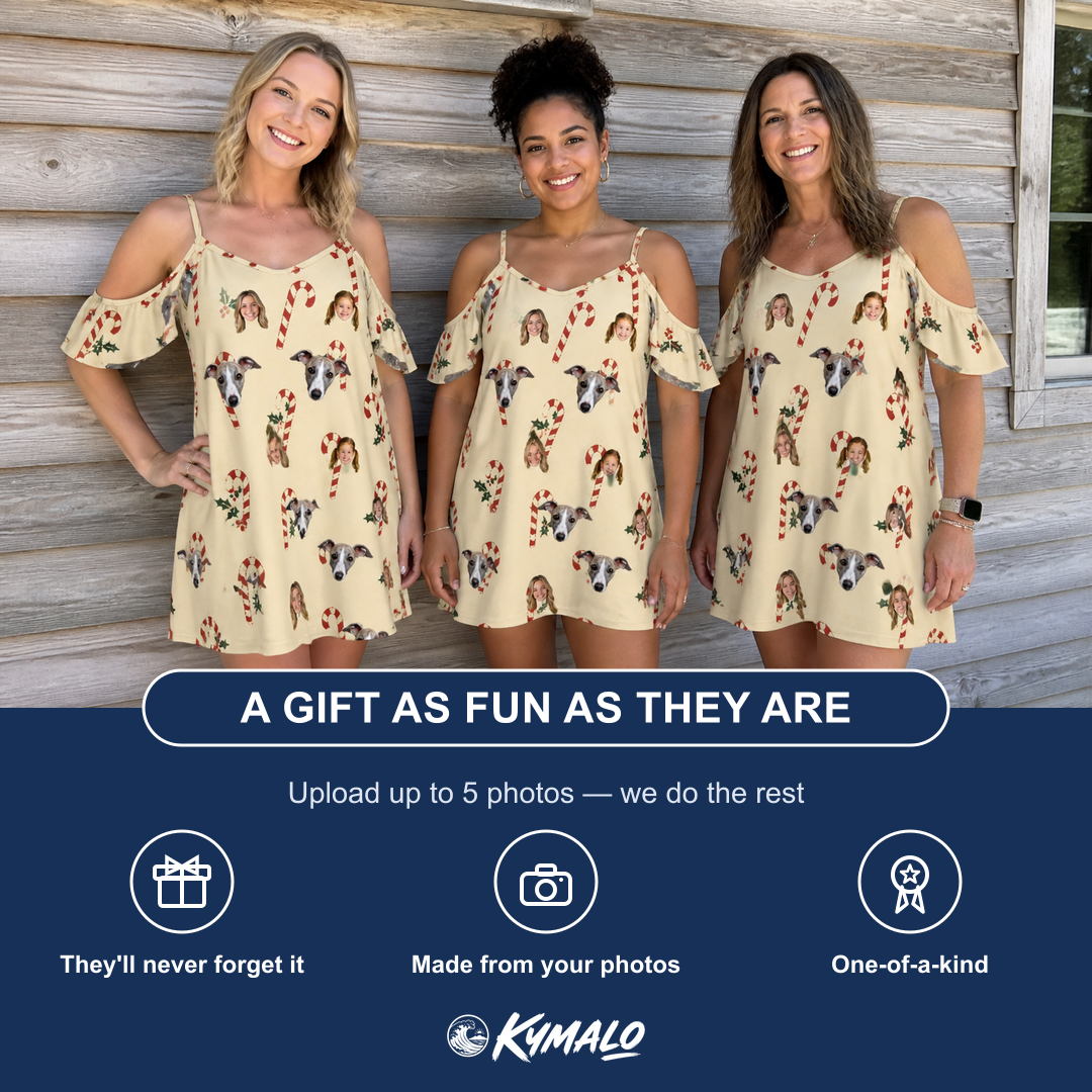 Friends in matching Women's Minty Mistletoe Custom Face Off-Shoulder Dress — a group gift photo