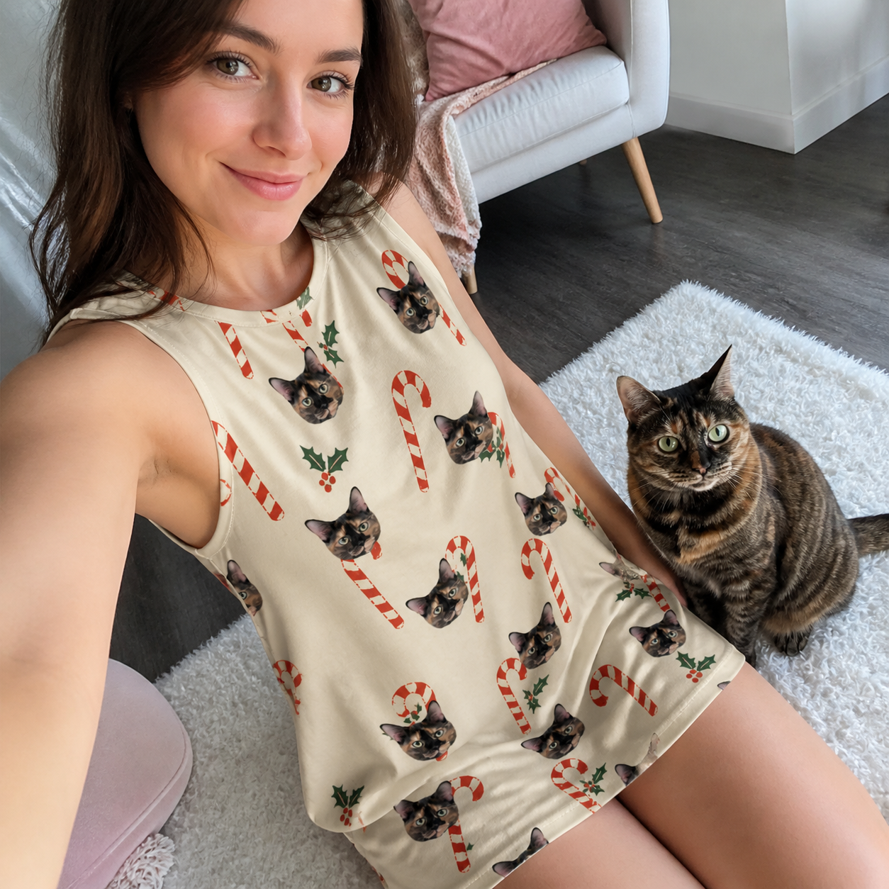 Selfie with the pet whose face is printed all over this Women's Minty Mistletoe Custom Cat Face Tank Dress