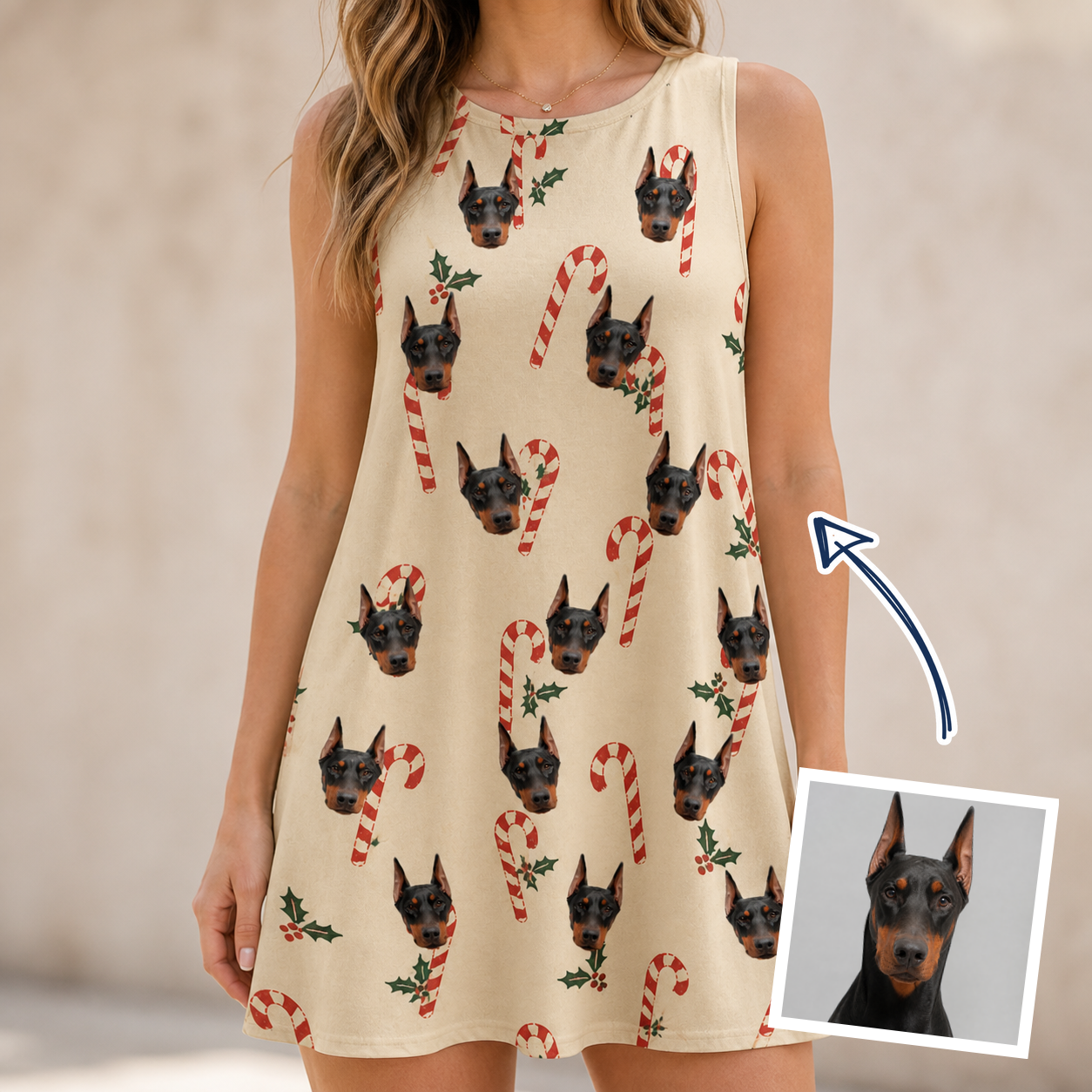 Woman wearing Women's Minty Mistletoe Custom Dog Face Tank Dress — custom faces printed all-over