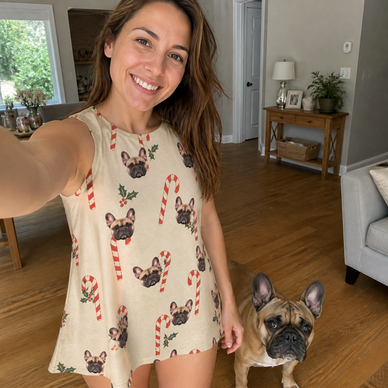 Selfie with the pet whose face is printed all over this Women's Minty Mistletoe Custom Dog Face Tank Dress
