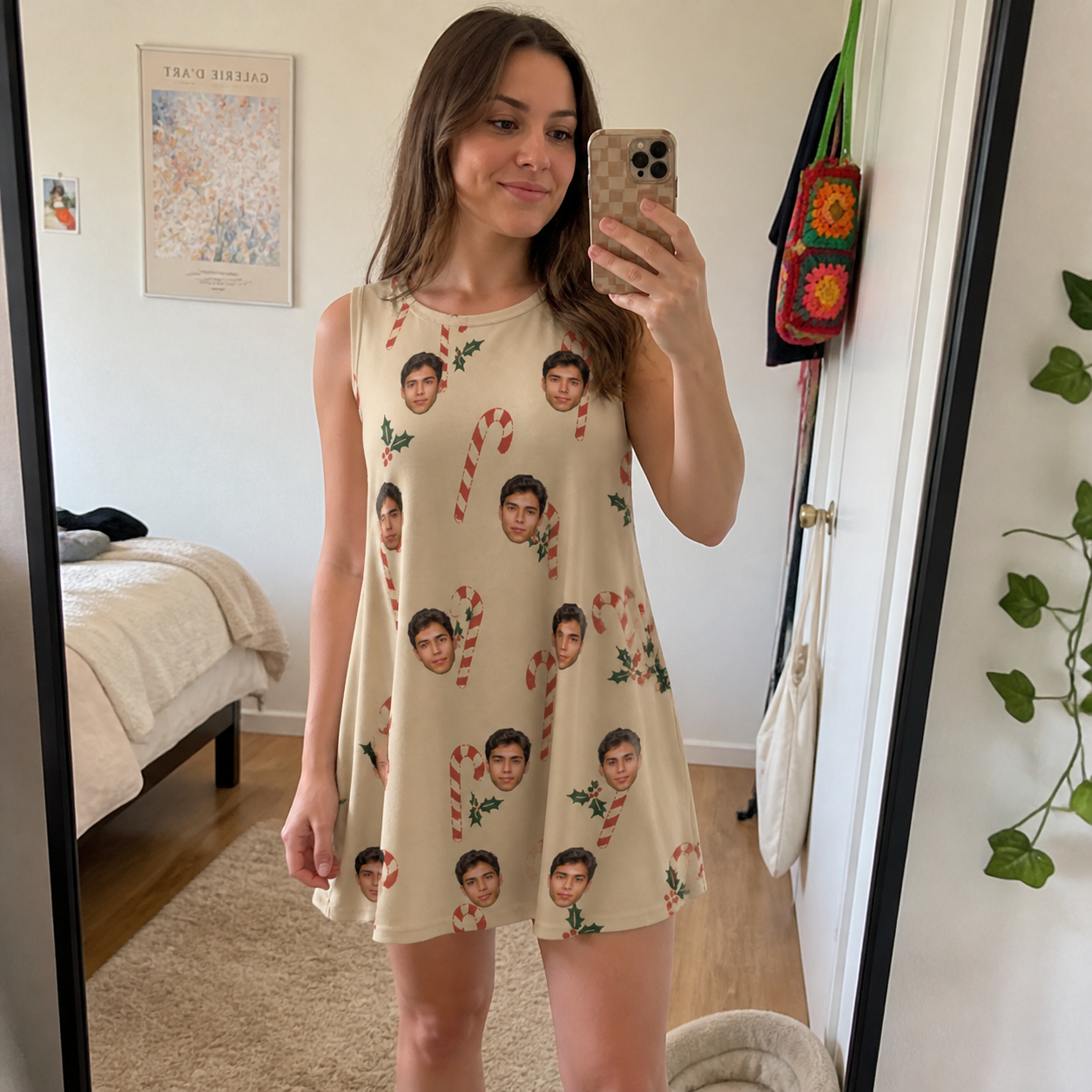 Real-life photo of someone wearing Women's Minty Mistletoe Custom Face Tank Dress — custom faces printed all-over