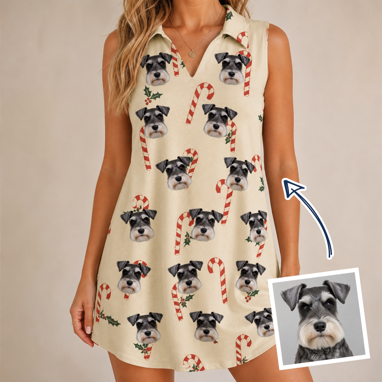 Woman wearing Women's Minty Mistletoe Custom Dog Face V-Neck Dress — custom faces printed all-over