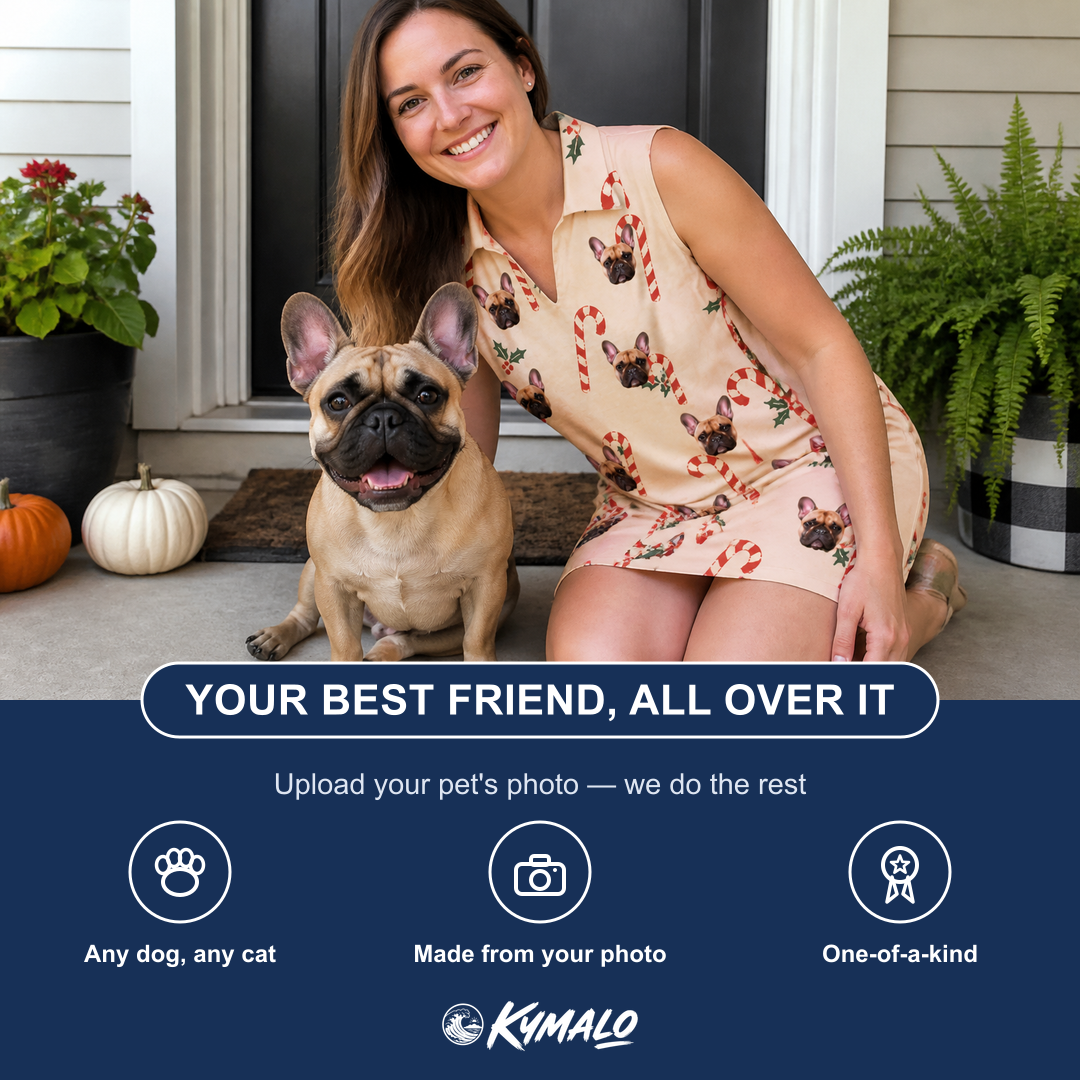 Friends in matching Women's Minty Mistletoe Custom Dog Face V-Neck Dress — a group gift photo