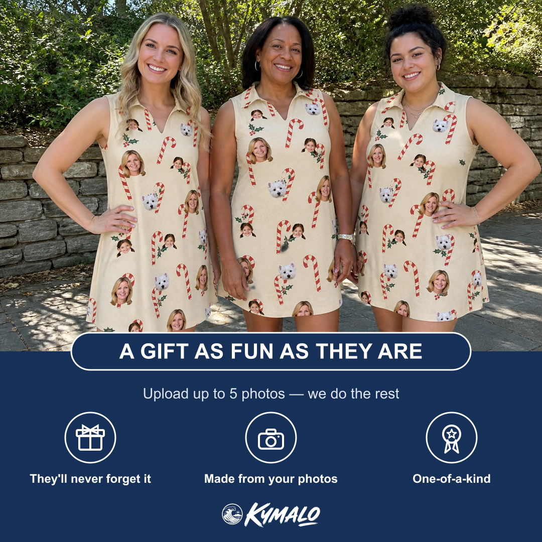 Friends in matching Women's Minty Mistletoe Custom Face V-Neck Dress — a group gift photo