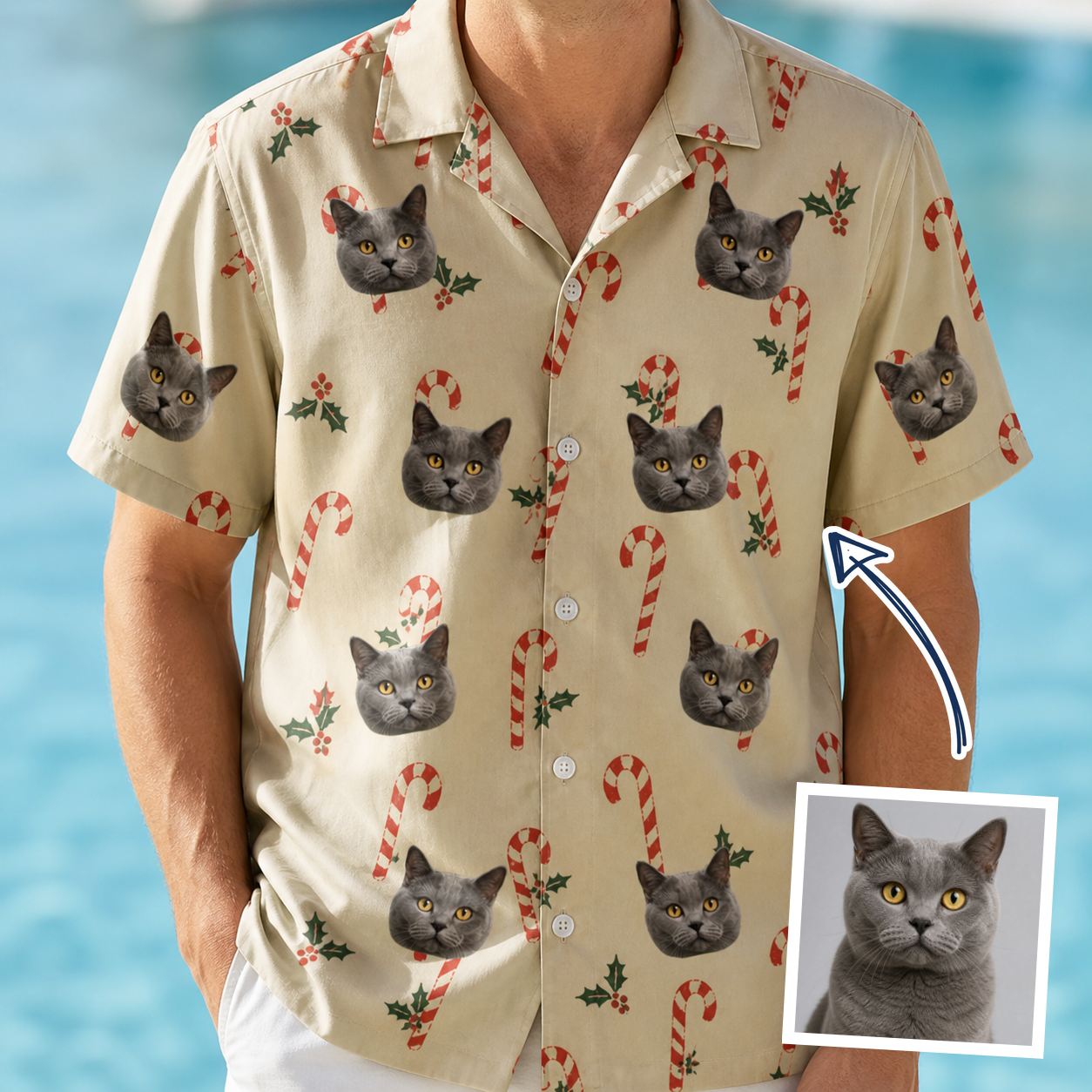 Man wearing Men's Minty Mistletoe Custom Cat Face Hawaiian Shirt — custom faces printed all-over