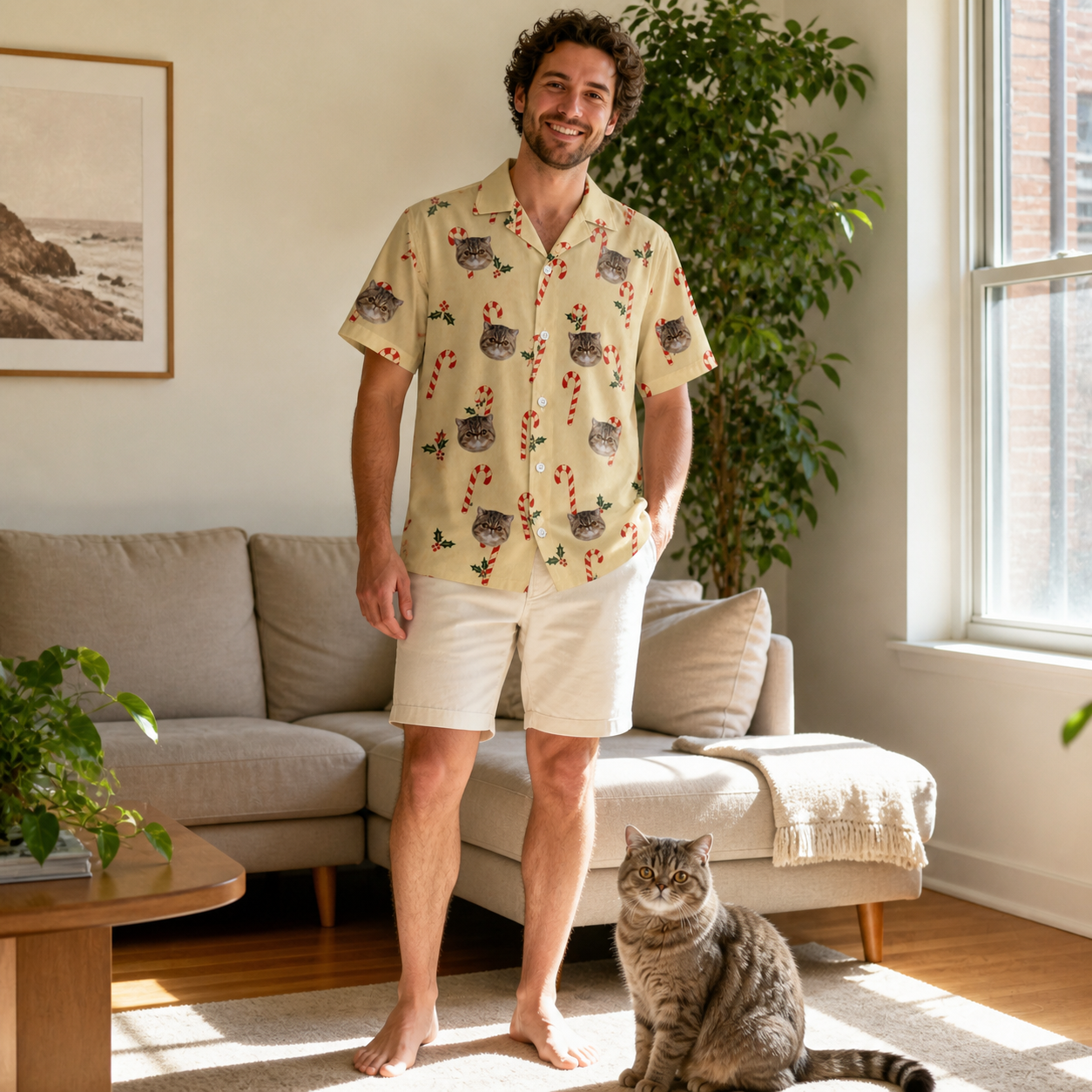 Full-length photo with the pet printed all over this Men's Minty Mistletoe Custom Cat Face Hawaiian Shirt