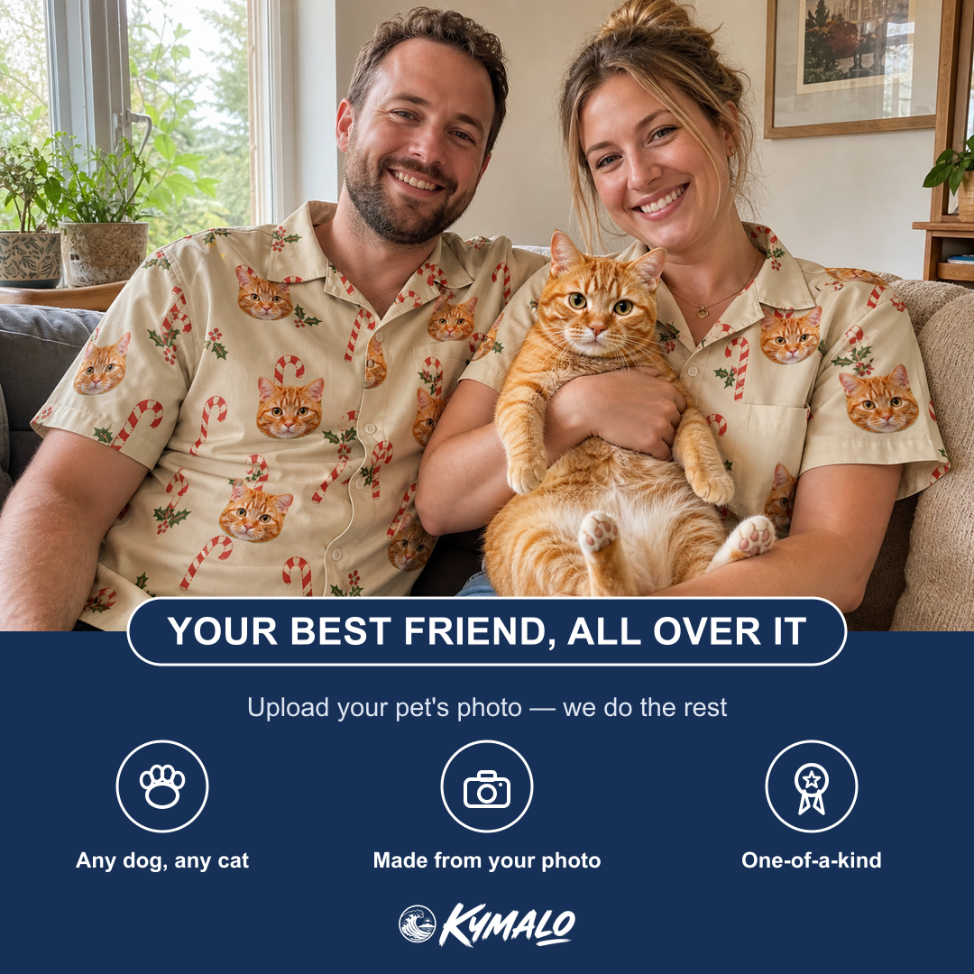 Friends in matching Men's Minty Mistletoe Custom Cat Face Hawaiian Shirt — a group gift photo