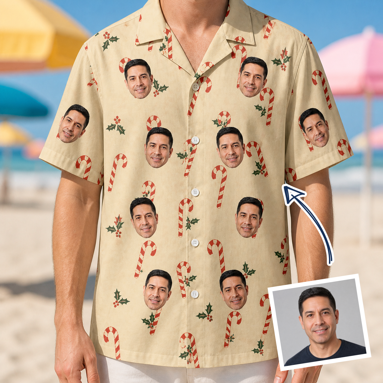 Man wearing Men's Minty Mistletoe Custom Face Hawaiian Shirt — custom faces printed all-over