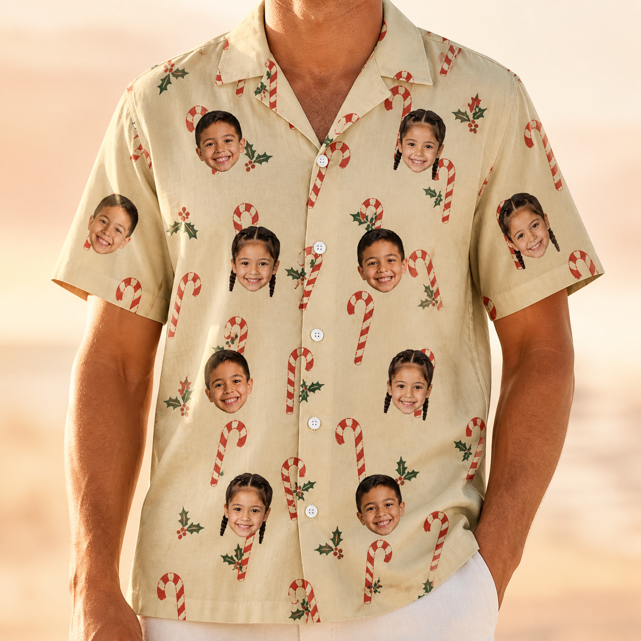 Model wearing Men's Minty Mistletoe Custom Face Hawaiian Shirt printed with kids' faces