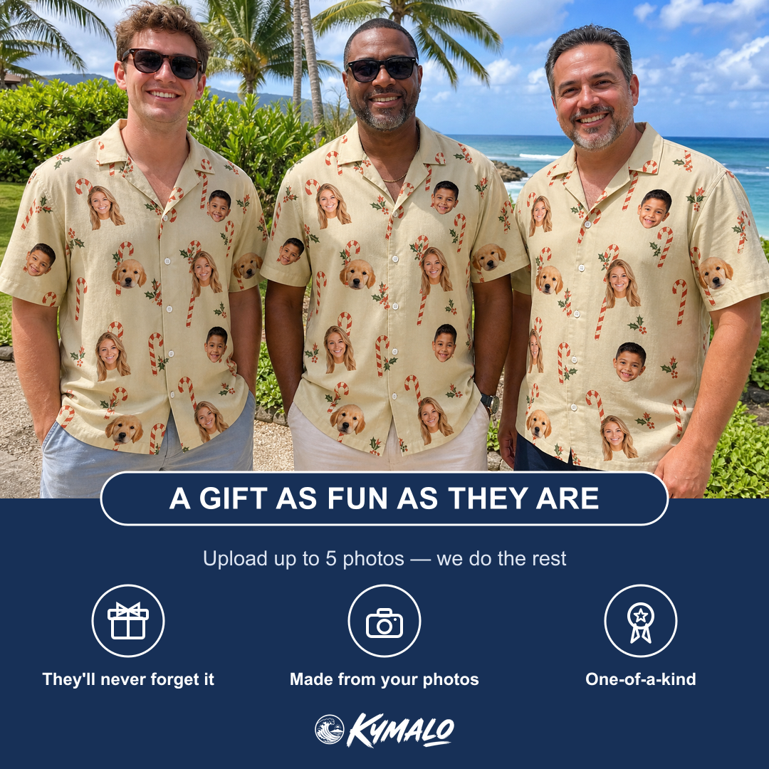 Friends in matching Men's Minty Mistletoe Custom Face Hawaiian Shirt — a group gift photo