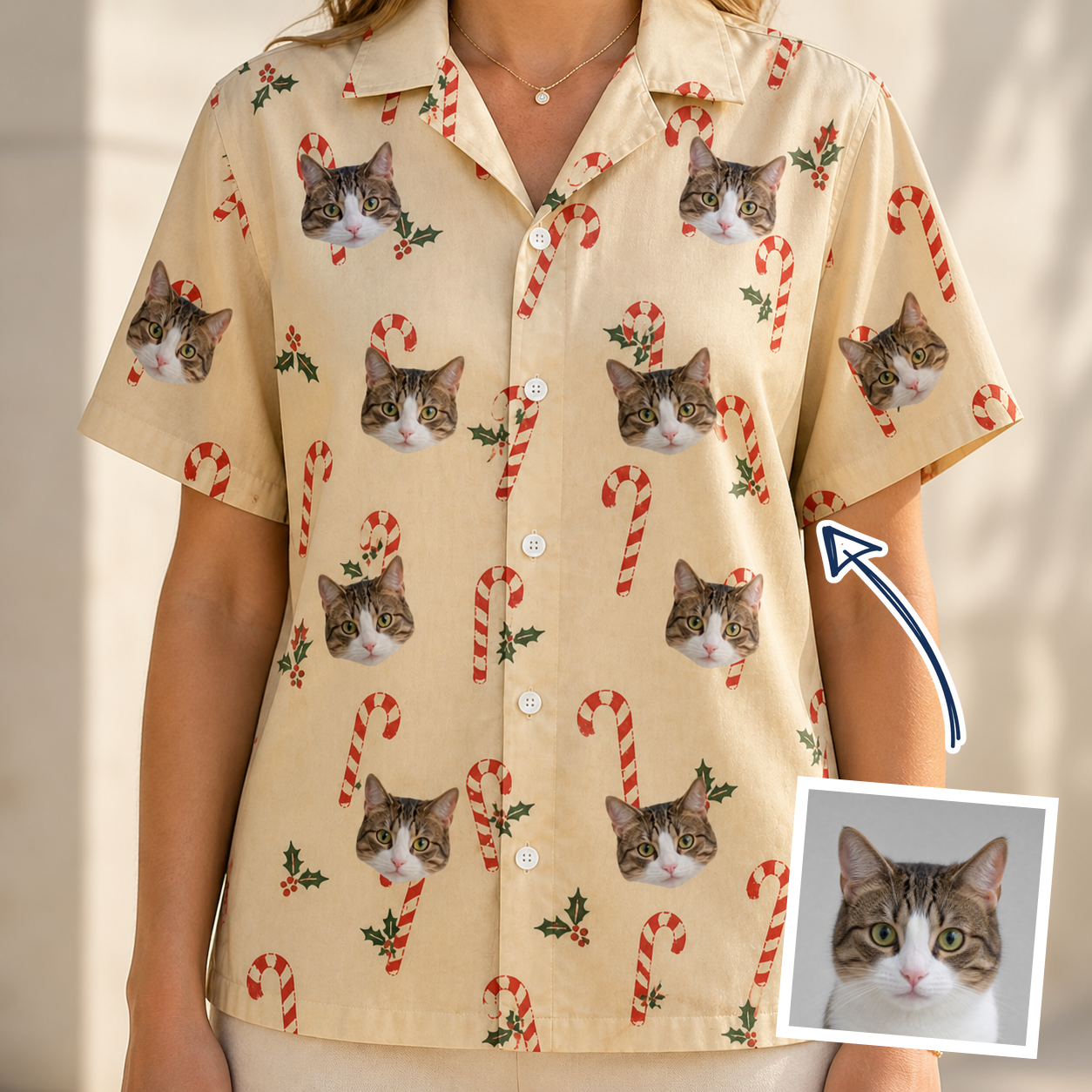Woman wearing Women's Minty Mistletoe Custom Cat Face Hawaiian Shirt — custom faces printed all-over