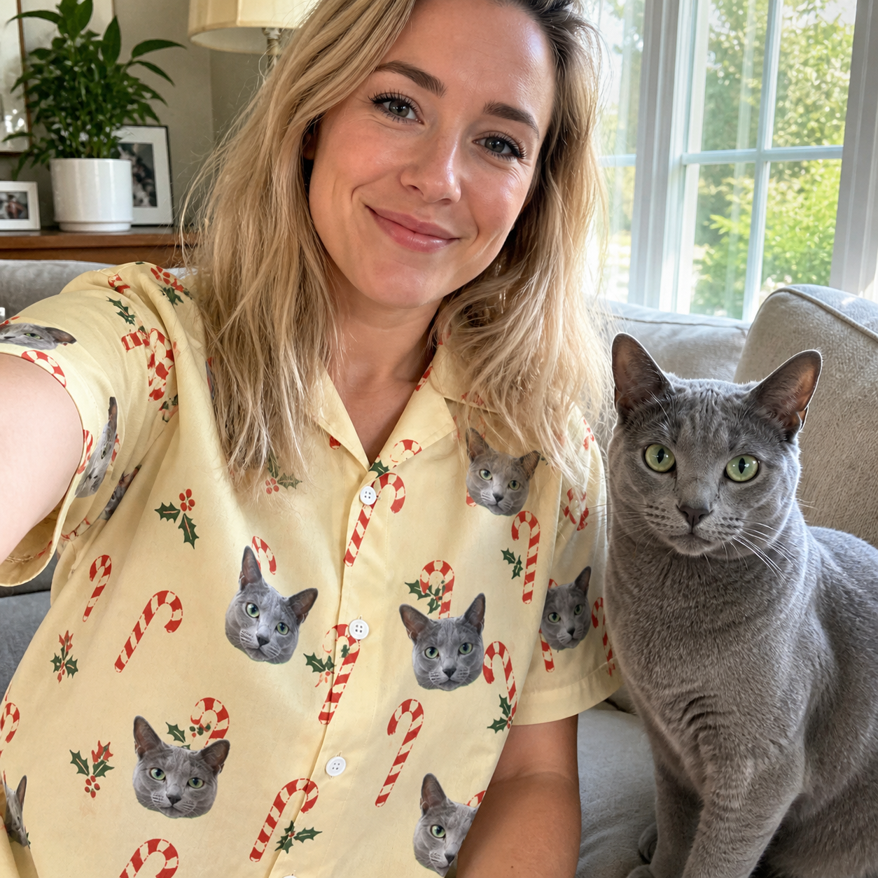 Selfie with the pet whose face is printed all over this Women's Minty Mistletoe Custom Cat Face Hawaiian Shirt