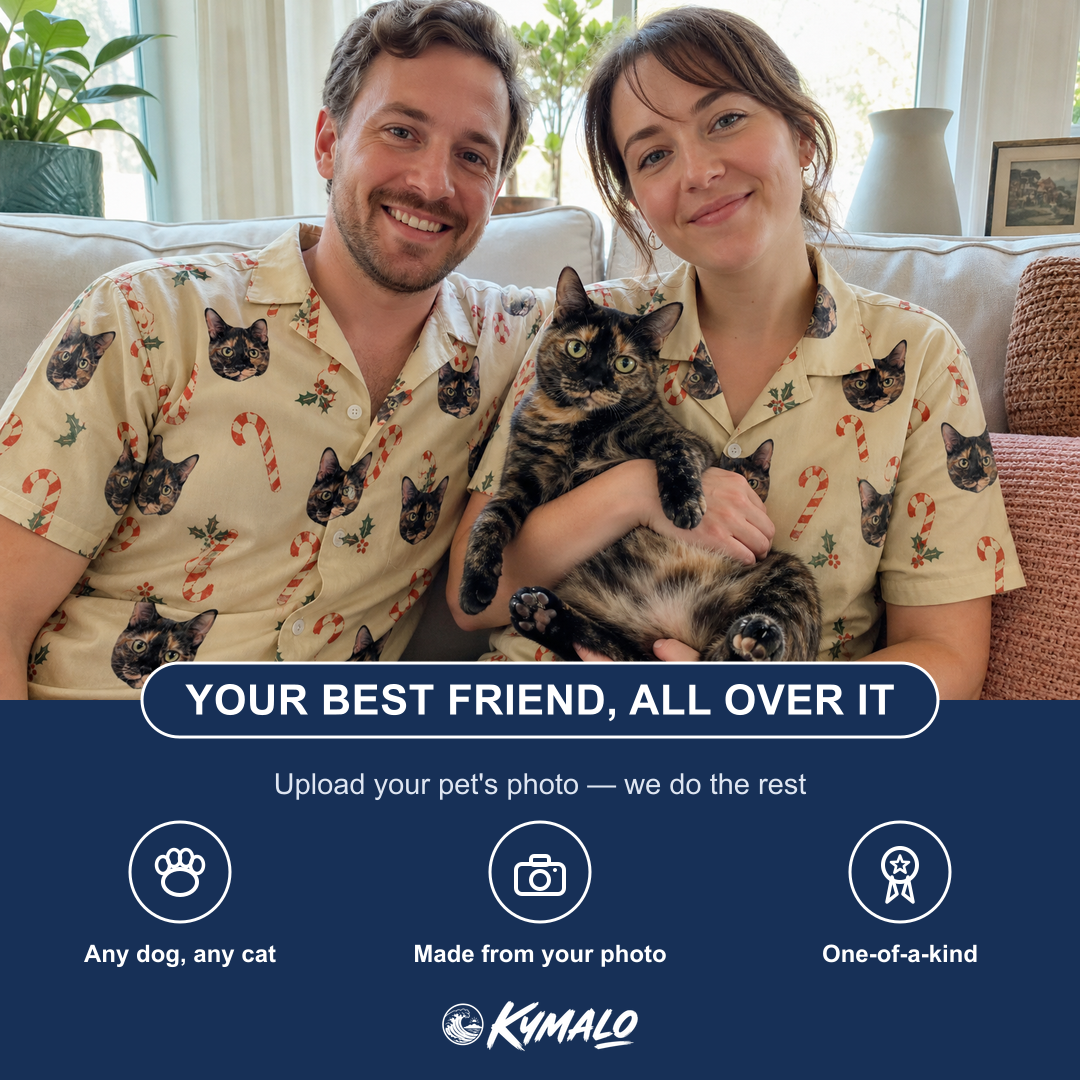 Friends in matching Women's Minty Mistletoe Custom Cat Face Hawaiian Shirt — a group gift photo