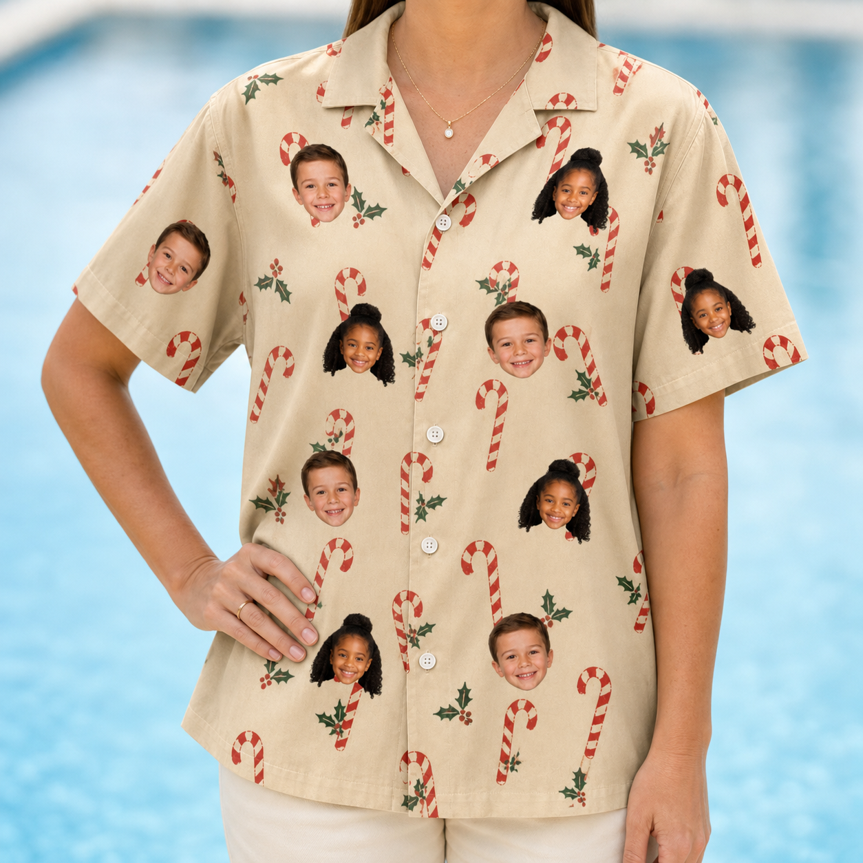 Model wearing Women's Minty Mistletoe Custom Face Hawaiian Shirt printed with kids' faces