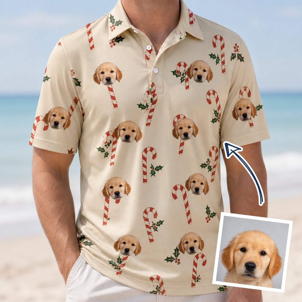 Man wearing Men's Minty Mistletoe Custom Dog Face Polo Shirt — custom faces printed all-over
