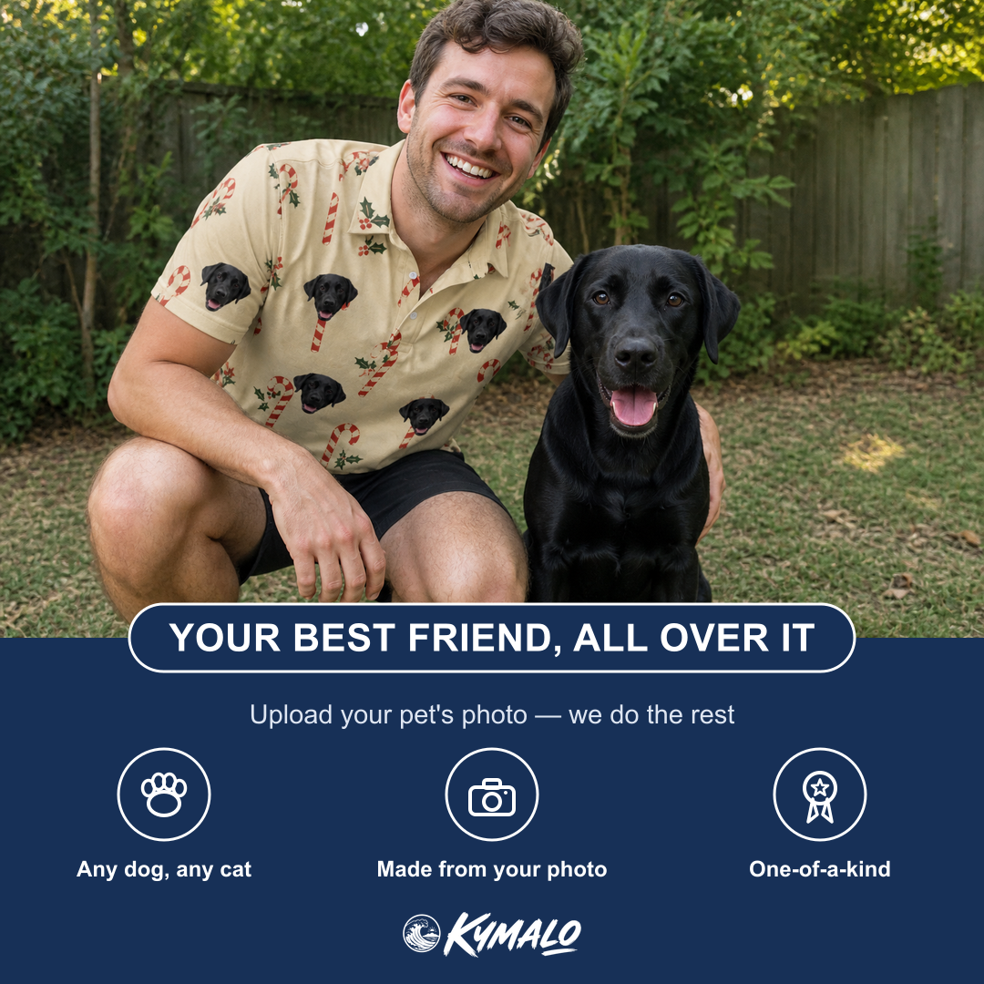 Friends in matching Men's Minty Mistletoe Custom Dog Face Polo Shirt — a group gift photo