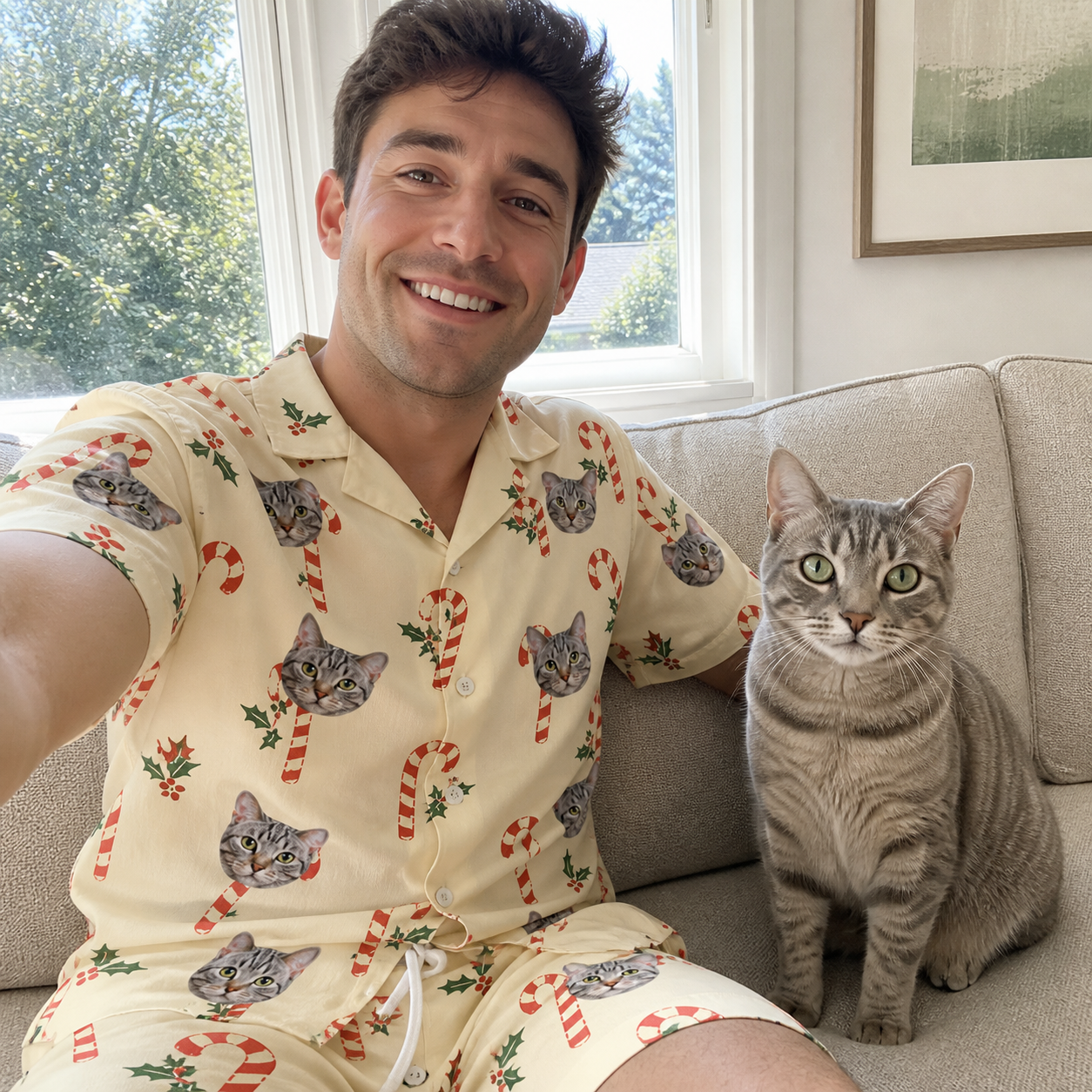 Selfie with the pet whose face is printed all over this Men's Minty Mistletoe Custom Cat Face Shirt & Shorts Set