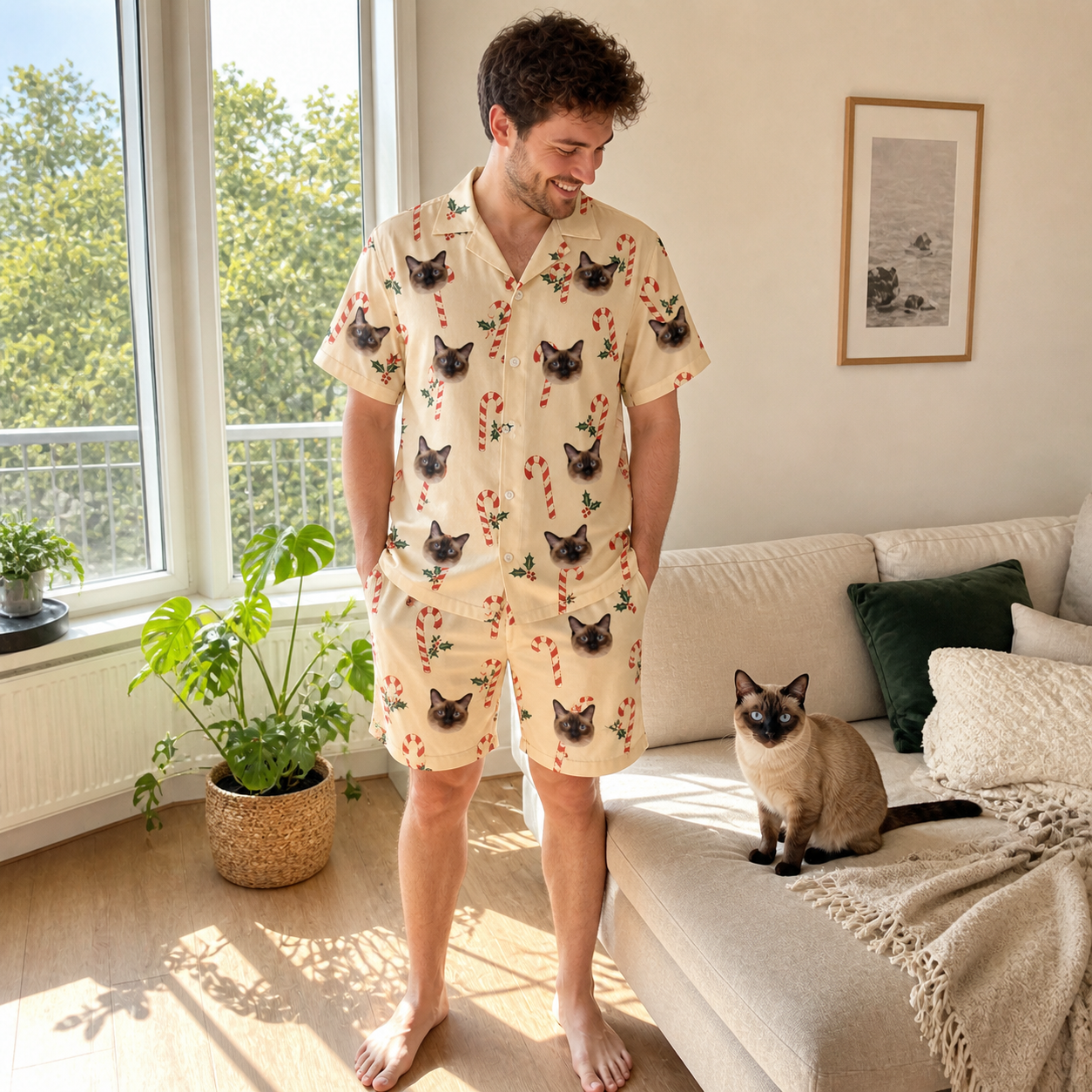 Full-length photo with the pet printed all over this Men's Minty Mistletoe Custom Cat Face Shirt & Shorts Set