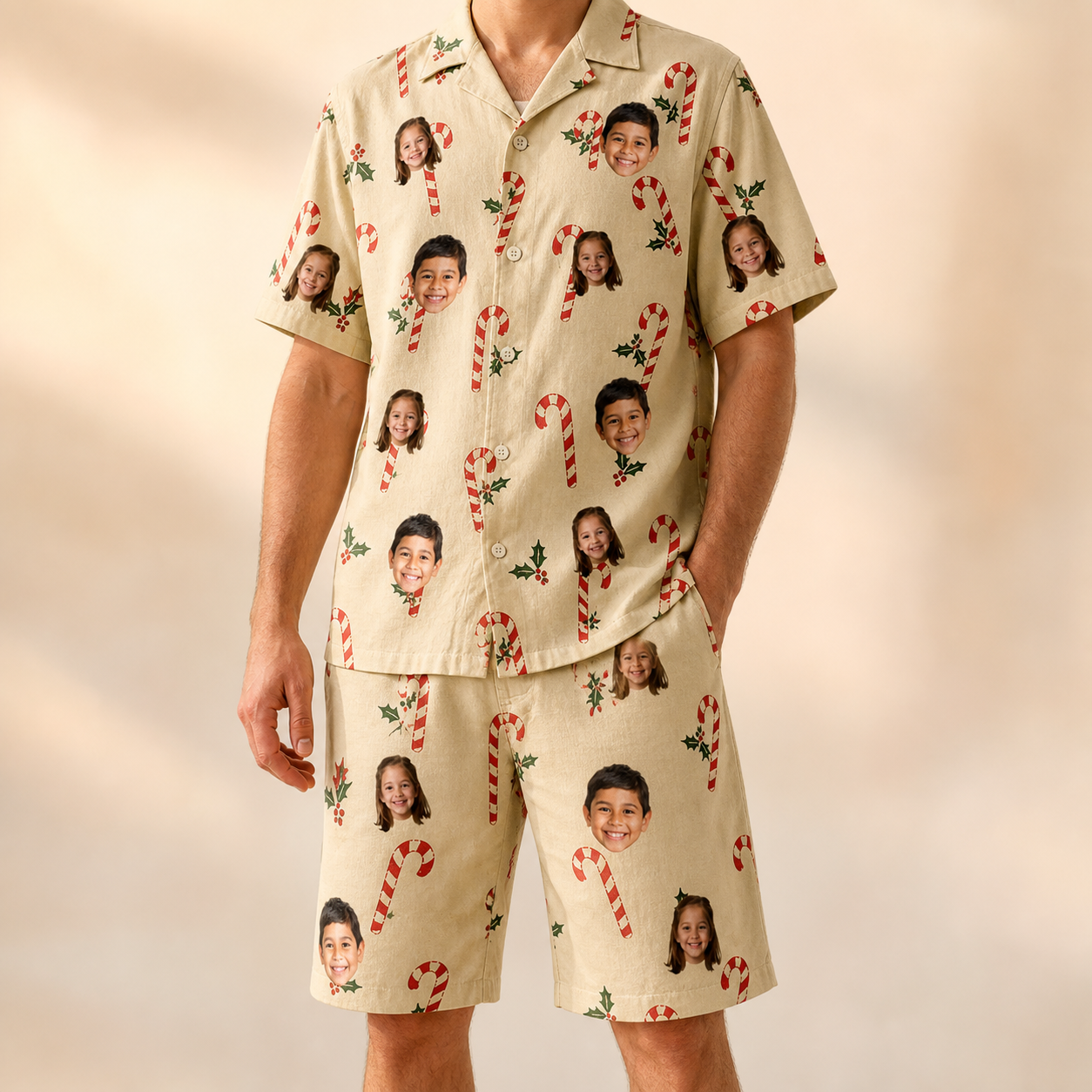 Model wearing Men's Minty Mistletoe Custom Face Shirt & Shorts Set printed with kids' faces
