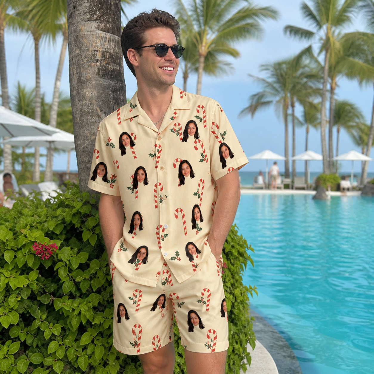 Real-life photo of someone wearing Men's Minty Mistletoe Custom Face Shirt & Shorts Set — custom faces printed all-over