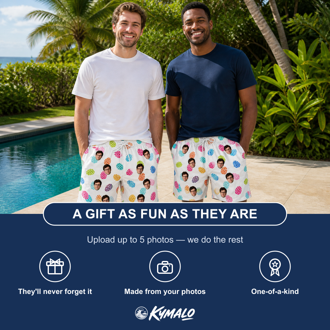 Friends in matching Men's Pinecone Prance Custom Face Beach Shorts — a group gift photo