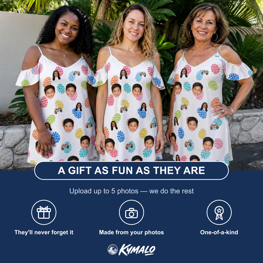 Friends in matching Women's Pinecone Prance Custom Face Off-Shoulder Dress — a group gift photo