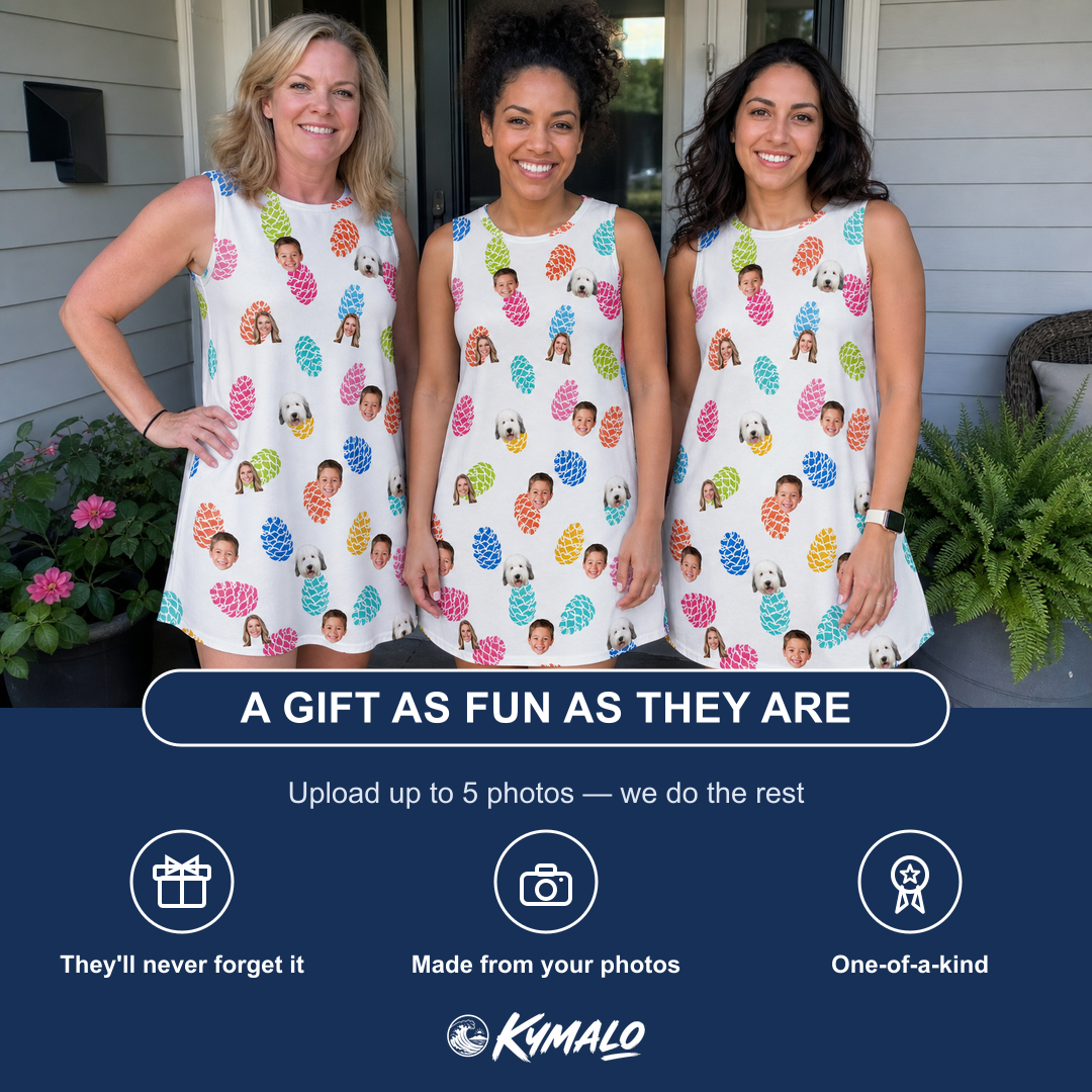 Friends in matching Women's Pinecone Prance Custom Face Tank Dress — a group gift photo