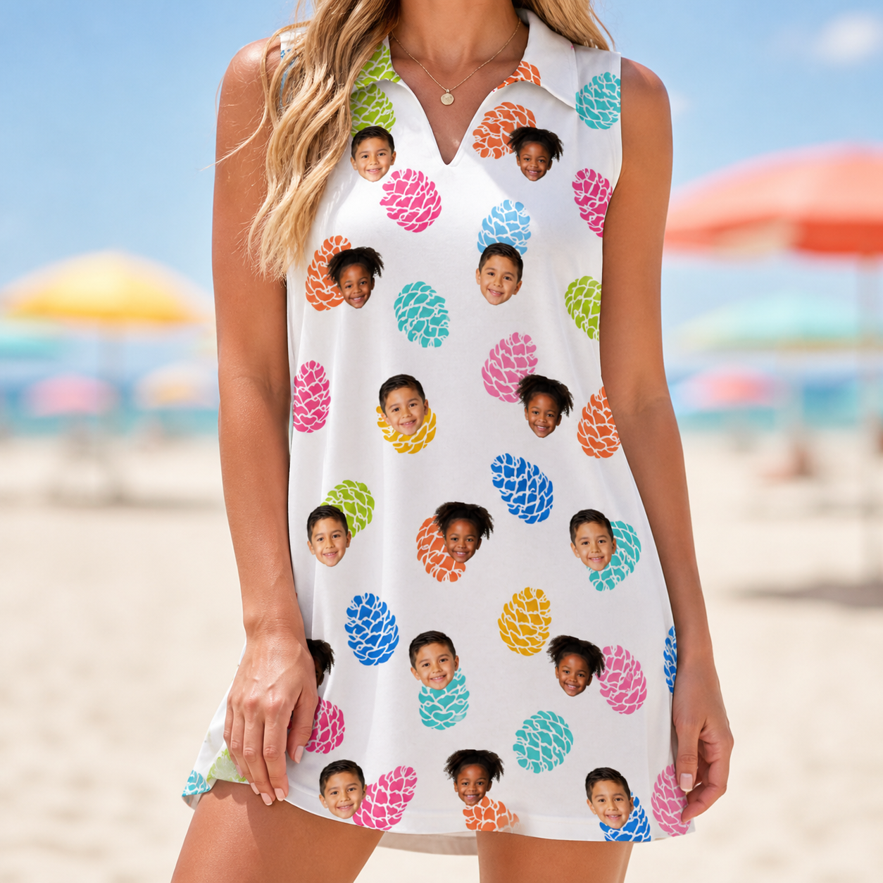 Model wearing Women's Pinecone Prance Custom Face V-Neck Dress printed with kids' faces