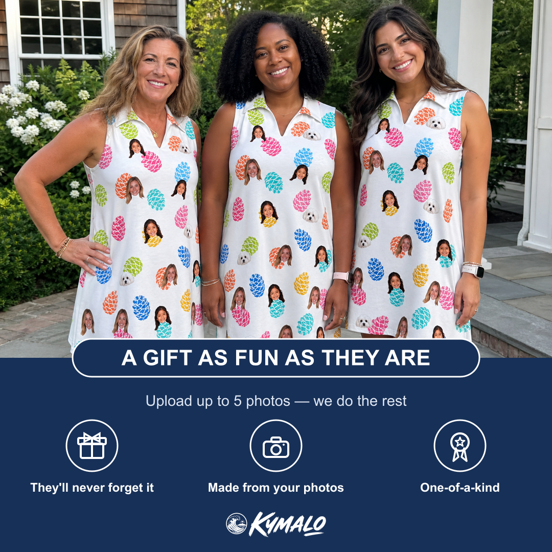 Friends in matching Women's Pinecone Prance Custom Face V-Neck Dress — a group gift photo