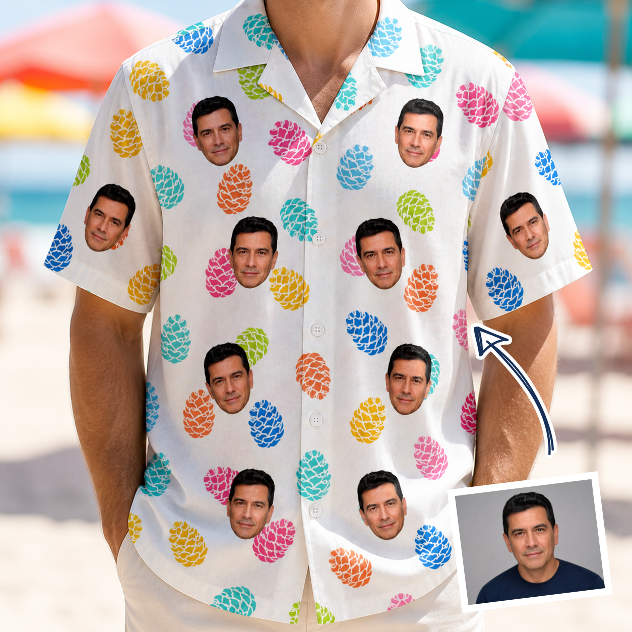 Man wearing Men's Pinecone Prance Custom Face Hawaiian Shirt — custom faces printed all-over