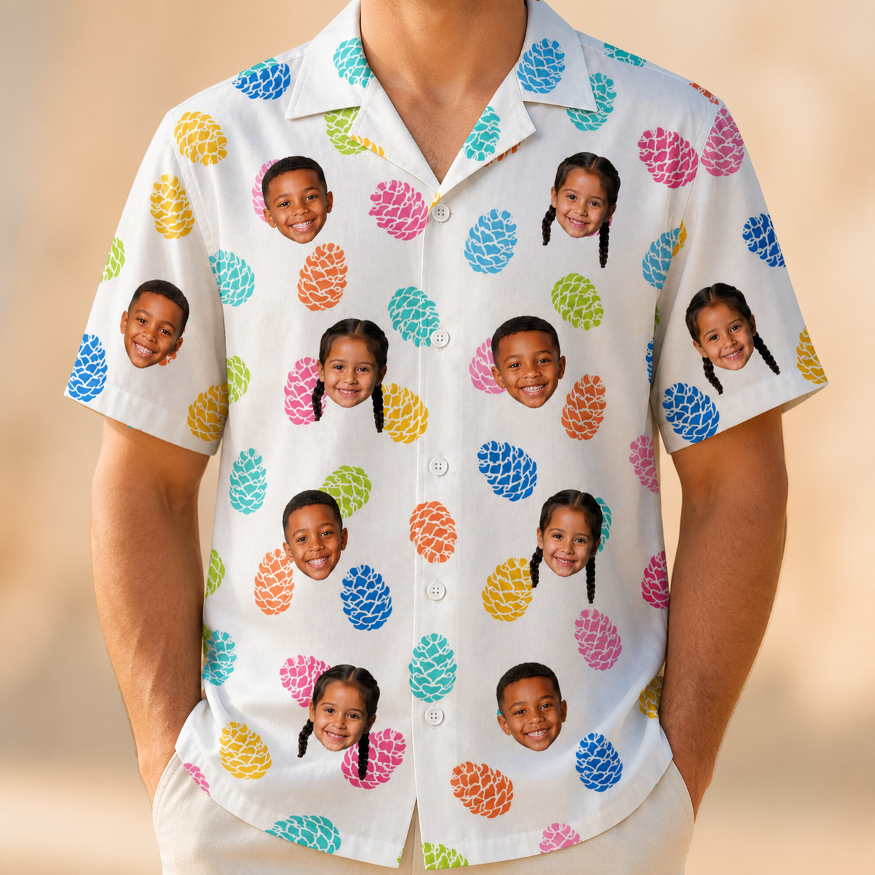 Model wearing Men's Pinecone Prance Custom Face Hawaiian Shirt printed with kids' faces