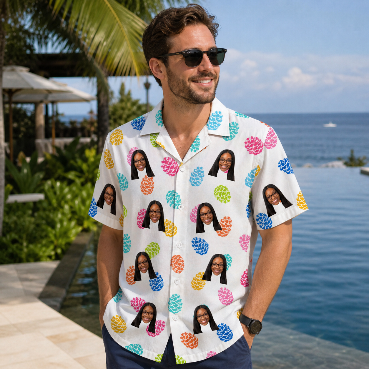 Real-life photo of someone wearing Men's Pinecone Prance Custom Face Hawaiian Shirt — custom faces printed all-over