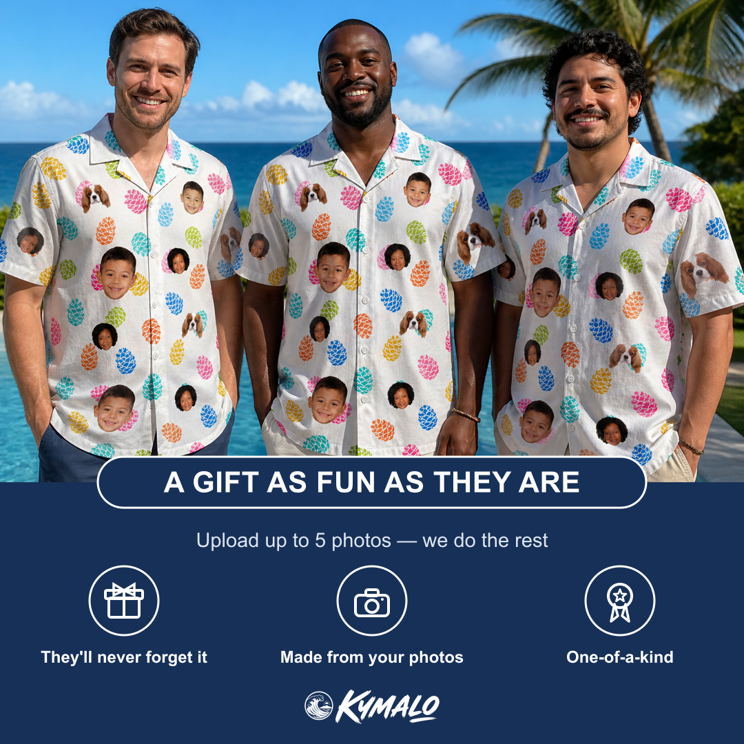 Friends in matching Men's Pinecone Prance Custom Face Hawaiian Shirt — a group gift photo