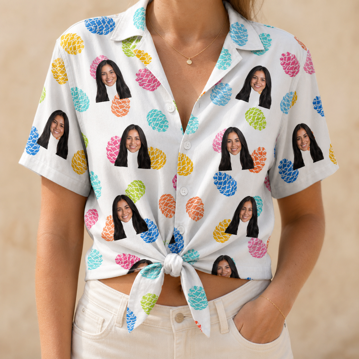 Woman wearing Women's Pinecone Prance Custom Face Hawaiian Shirt tied at the waist