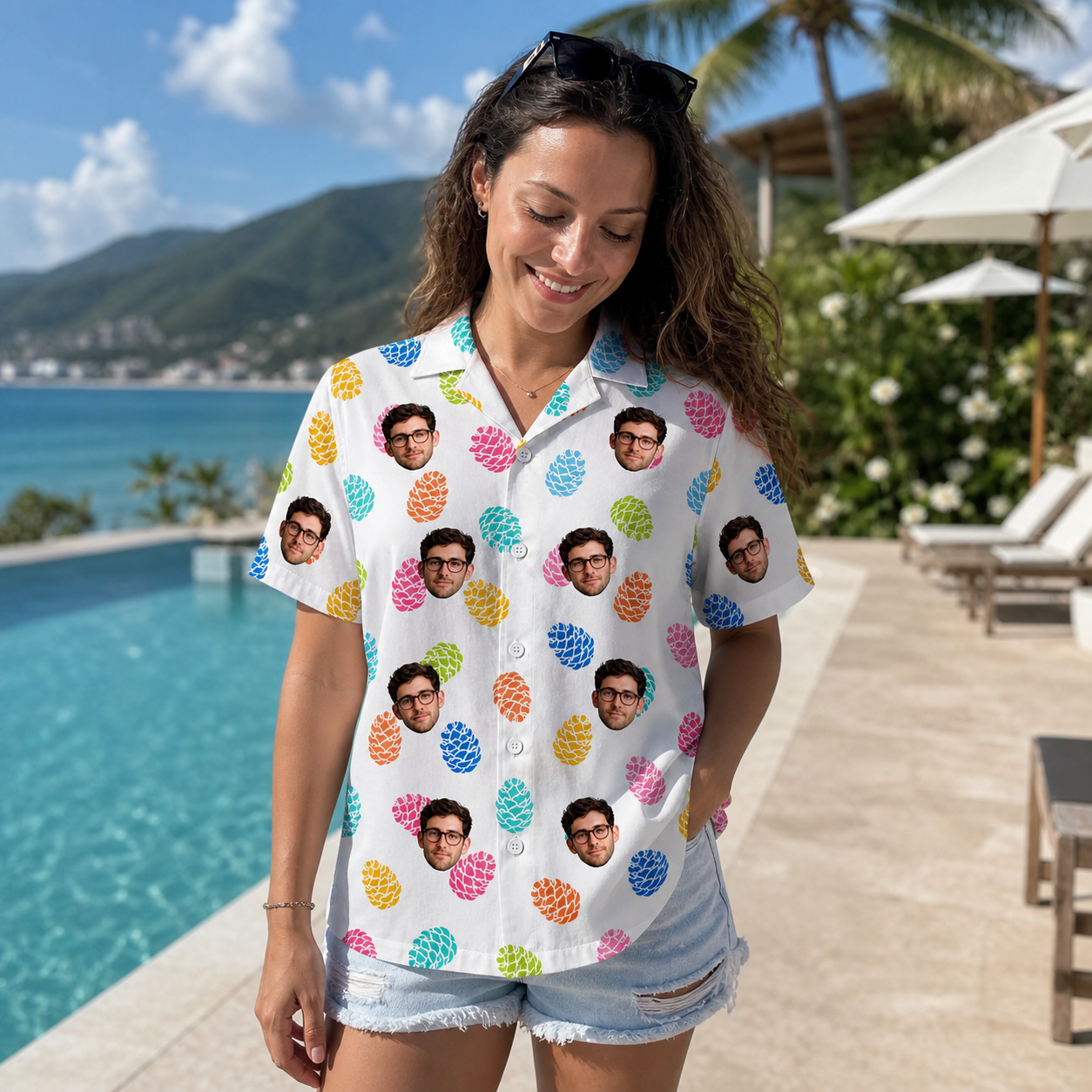 Real-life photo of someone wearing Women's Pinecone Prance Custom Face Hawaiian Shirt — custom faces printed all-over