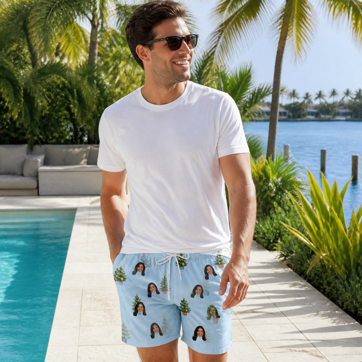 Real-life photo of someone wearing Men's Spruce Spectacle Custom Face Beach Shorts — custom faces printed all-over