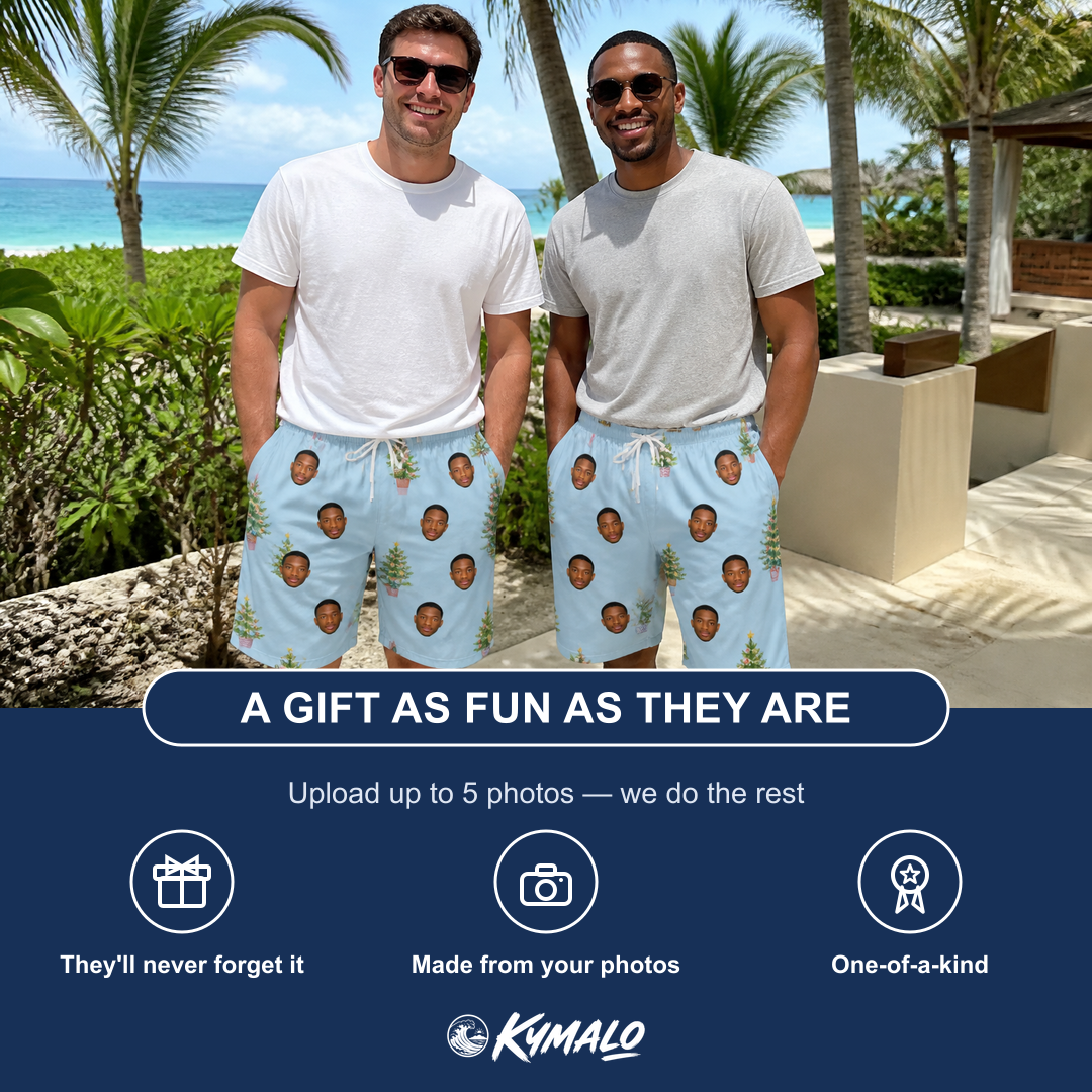 Friends in matching Men's Spruce Spectacle Custom Face Beach Shorts — a group gift photo