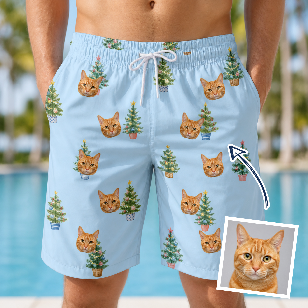 Man wearing Men's Spruce Spectacle Custom Cat Face Beach Shorts — custom faces printed all-over
