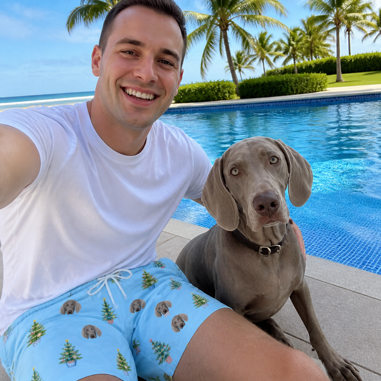 Selfie with the pet whose face is printed all over this Men's Spruce Spectacle Custom Dog Face Beach Shorts