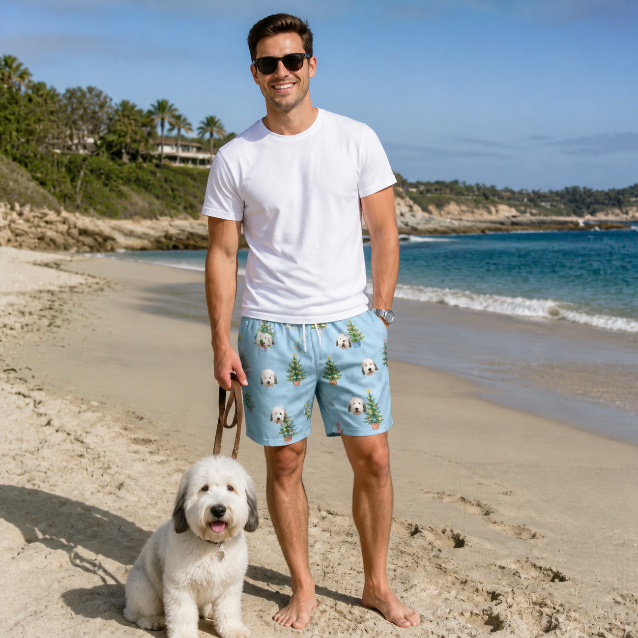 Full-length photo with the pet printed all over this Men's Spruce Spectacle Custom Dog Face Beach Shorts