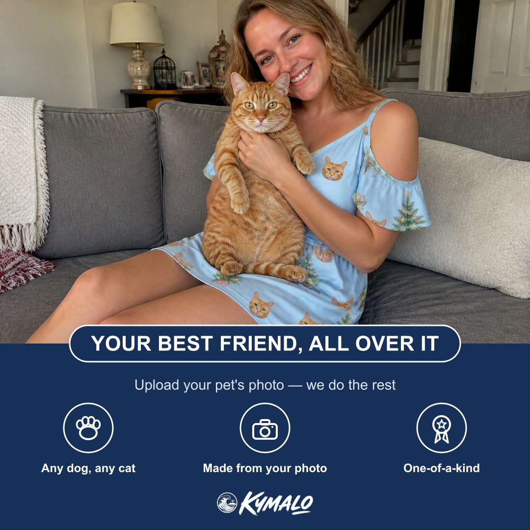 Friends in matching Women's Spruce Spectacle Custom Cat Face Off-Shoulder Dress — a group gift photo