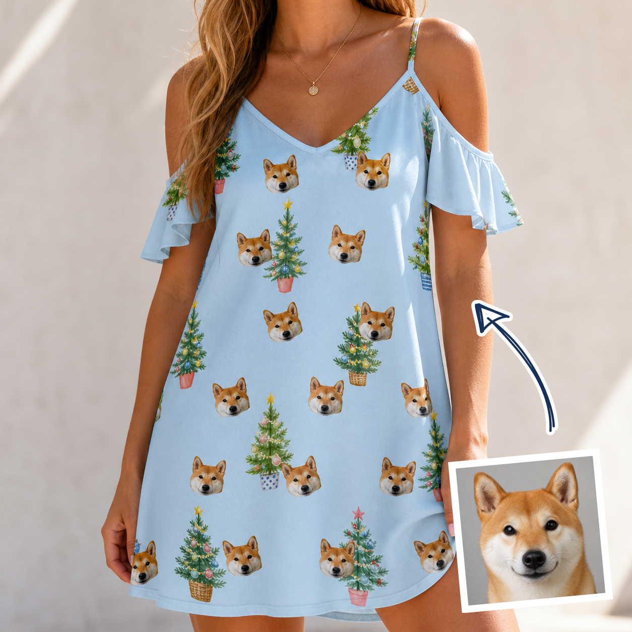Woman wearing Women's Spruce Spectacle Custom Dog Face Off-Shoulder Dress — custom faces printed all-over