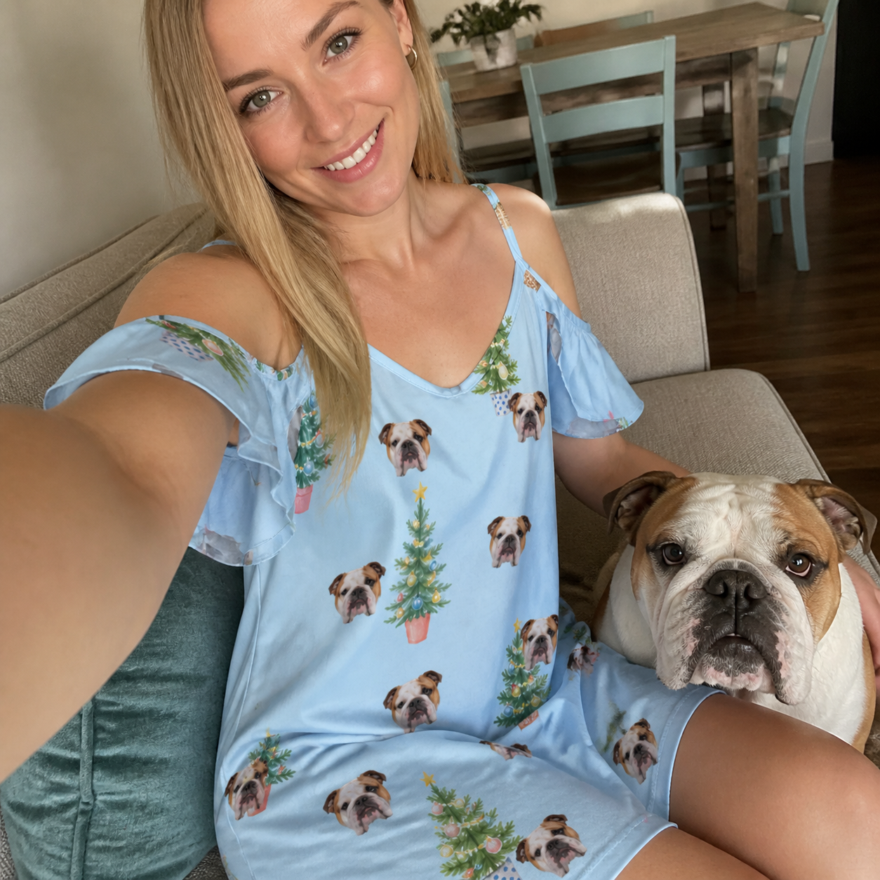 Selfie with the pet whose face is printed all over this Women's Spruce Spectacle Custom Dog Face Off-Shoulder Dress