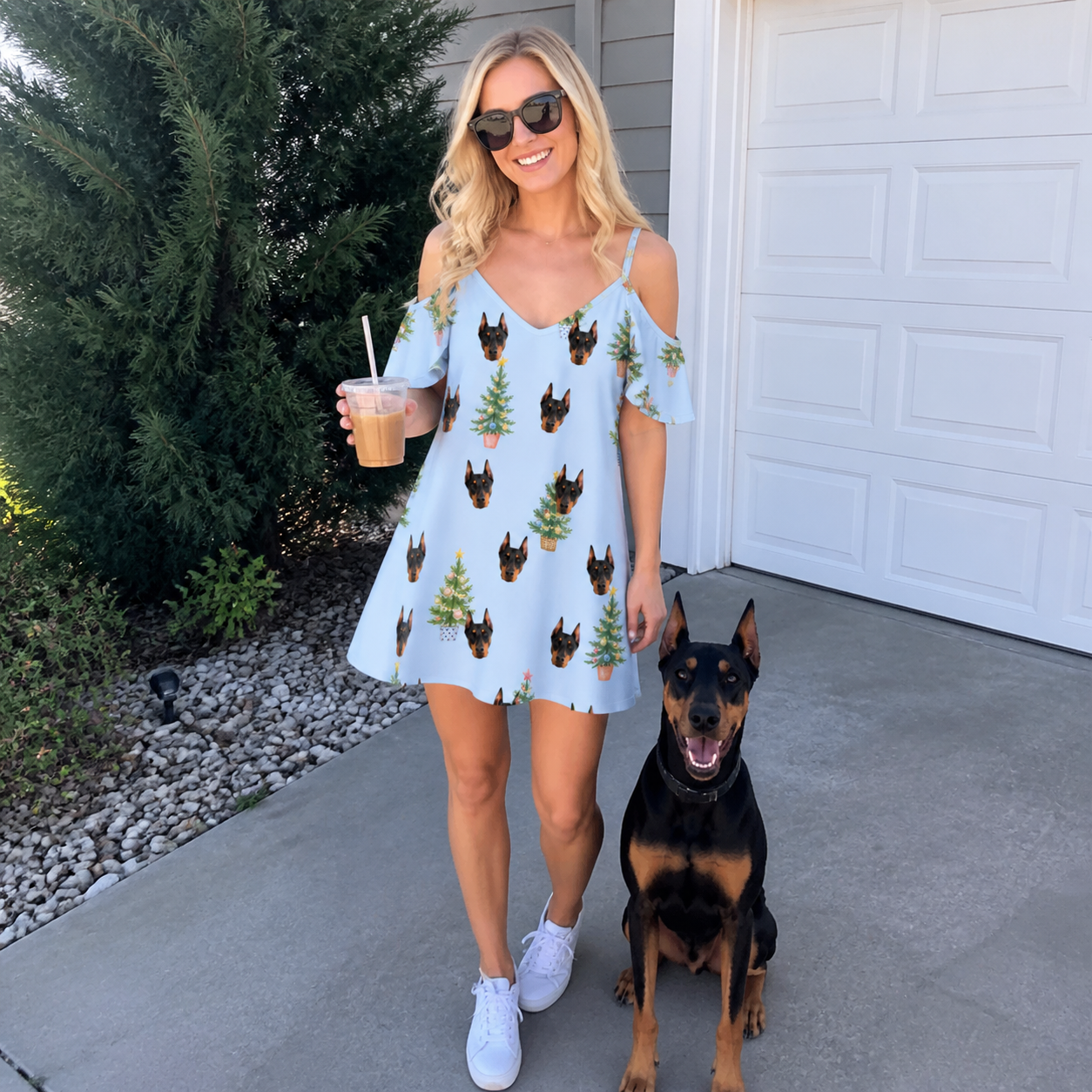 Full-length photo with the pet printed all over this Women's Spruce Spectacle Custom Dog Face Off-Shoulder Dress