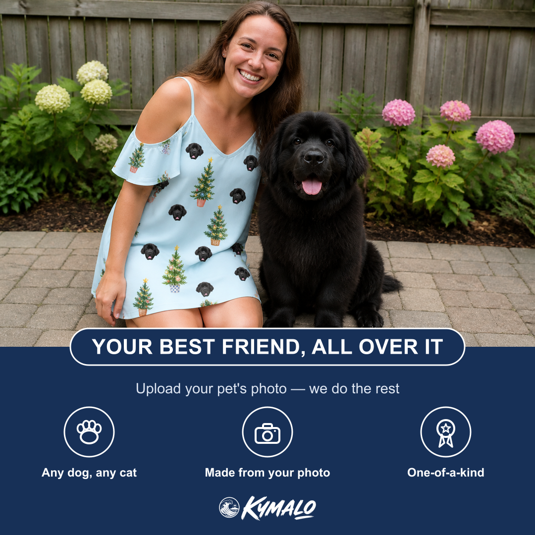 Friends in matching Women's Spruce Spectacle Custom Dog Face Off-Shoulder Dress — a group gift photo