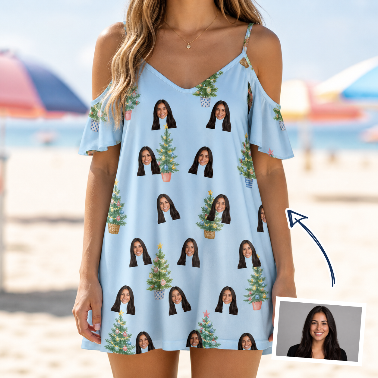 Woman wearing Women's Spruce Spectacle Custom Face Off-Shoulder Dress — custom faces printed all-over